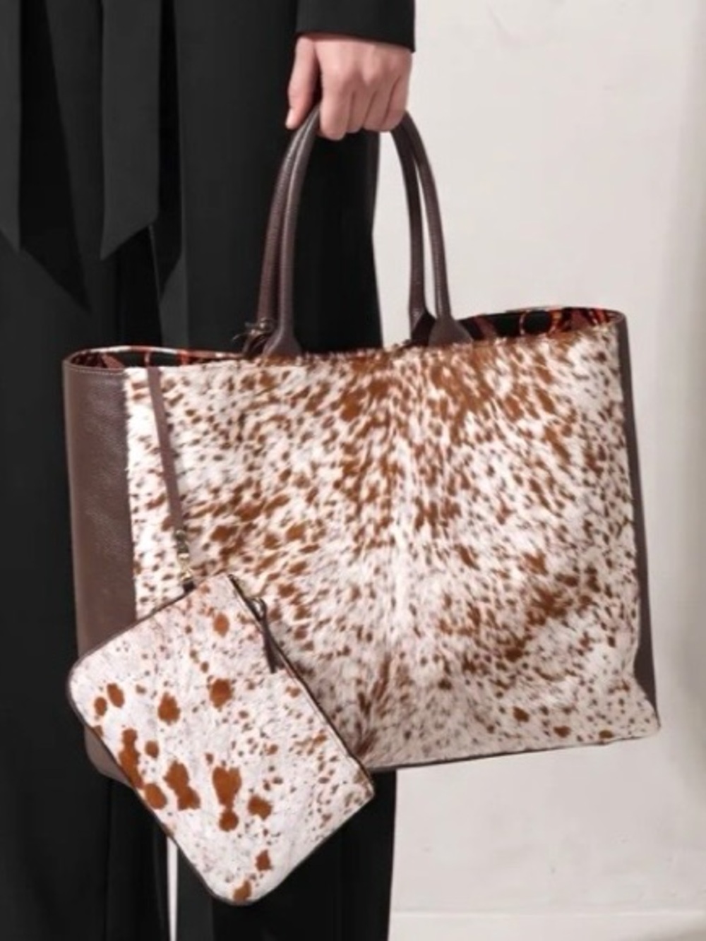 Adele Dejak Unique Designer Bag-Spotted Brown & White Cowhide Tote with Wristlet
